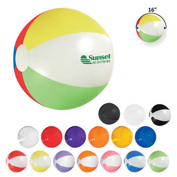 Seventeen colored Beach Balls showing optional colors printed with graphic